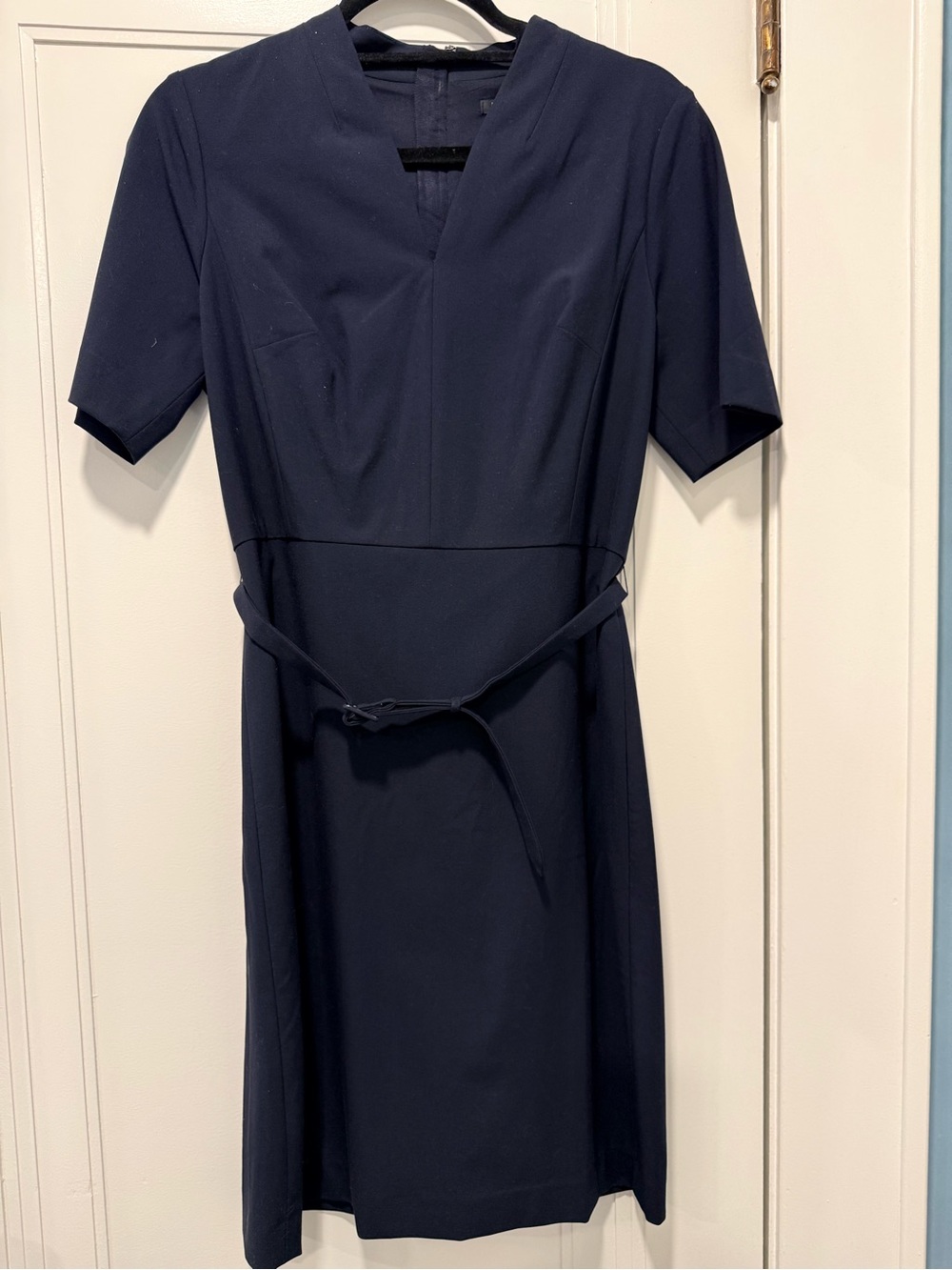 Ann Taylor Navy V-Neck Midi Dress with Waist Tie